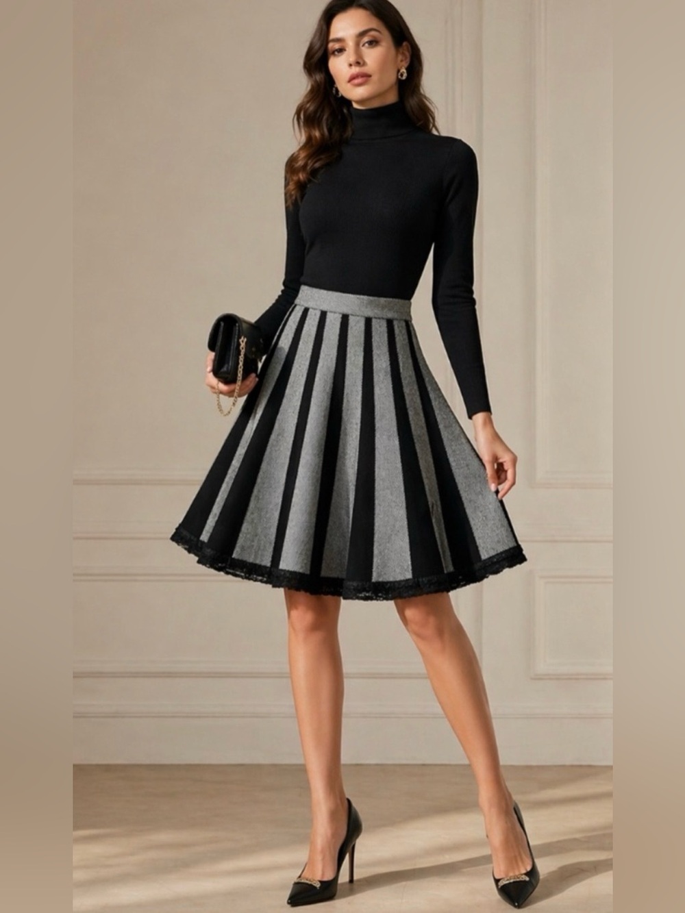 Pura Vida Black & Grey Striped Pleated Wool A-Line Skirt